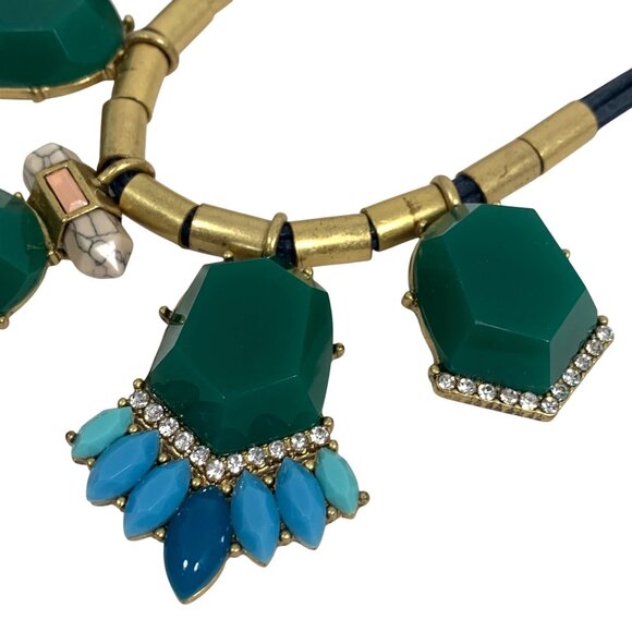 J.Crew Statement Bib Necklace Clear Rhinestone Green/Blue Lucite Crystal Choker - Picture 3 of 9